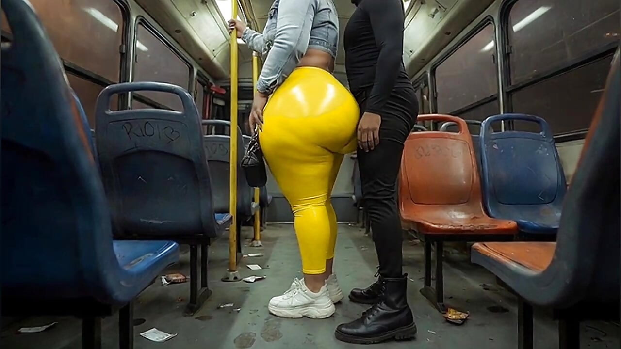 "Masked BBW Teases Huge Ass in Shiny Yellow Leggings on Public Bus"