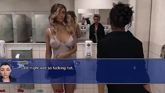 The office wife #26 - Jessie went down on Stacy in the work bathroom ... Andy cum all over Stacy's leg.