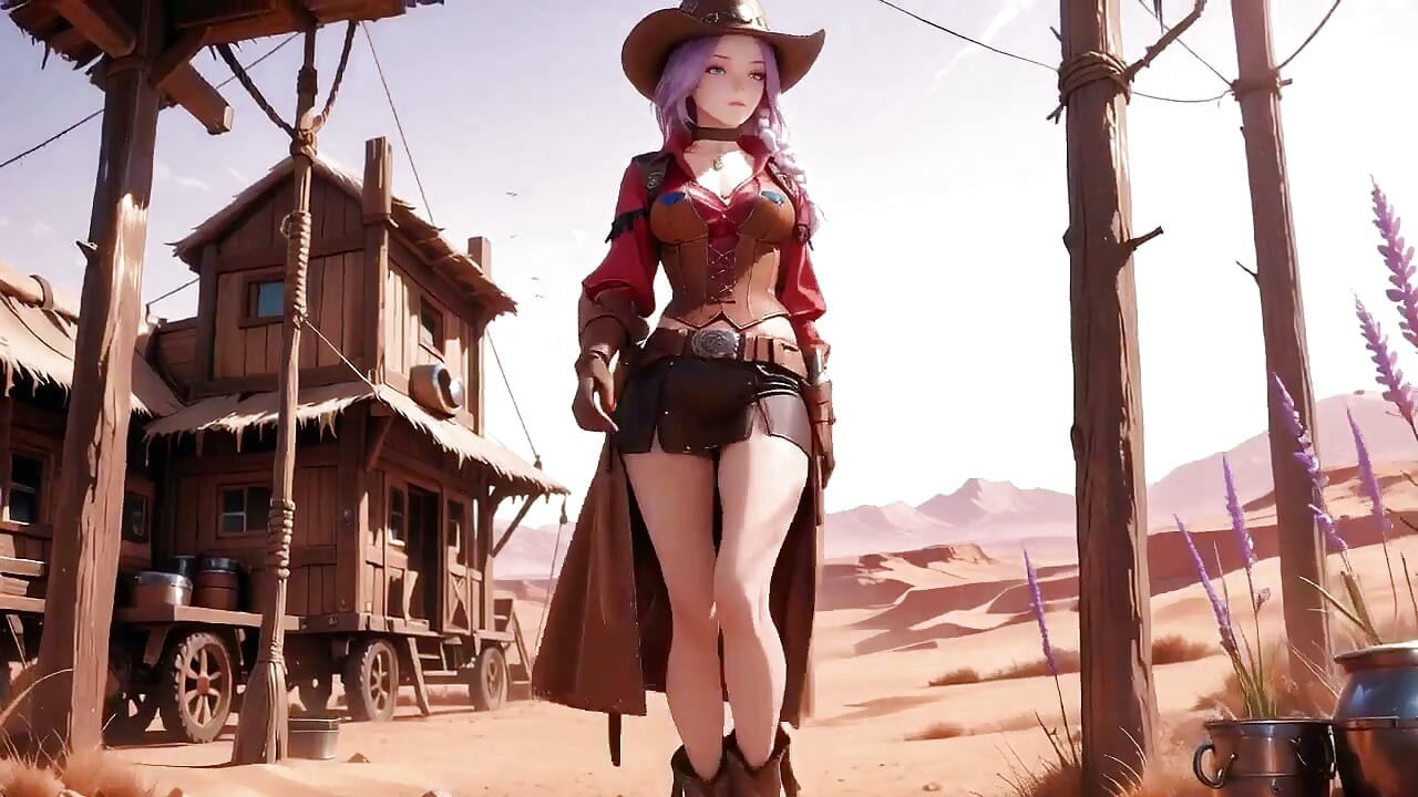 The Deadly Glance in the Desert Sunset. Shouldering a Rifle yet Hiding Her Heaving Chest.