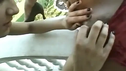 Bald lesbian and her slut fucking in the open