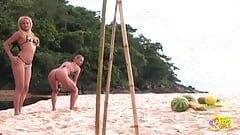 Dopo aver festa su una spiaggia queste bionde usano un grosso sex toy a vicenda
