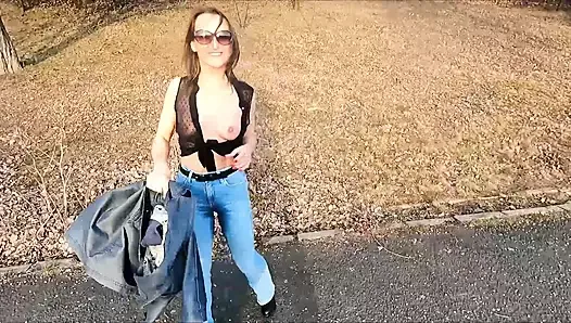 She pee through pants and flashing in a public park