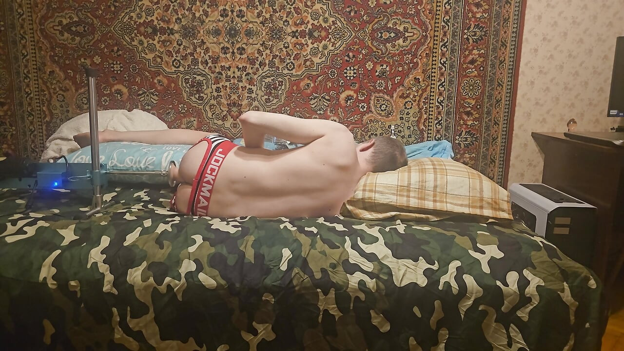 Cute Sasha Earth femboy having sex with a fuck machine homemade