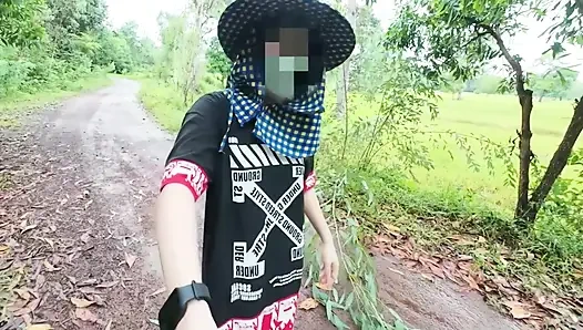 Thai Girl Walking Showing Along the Side of the Field Road in the Countryside Thai Outdoor Public