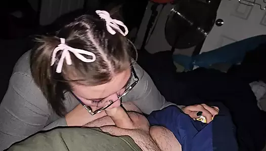 Gave him sexy blowjob with bows in my hair and swallowed