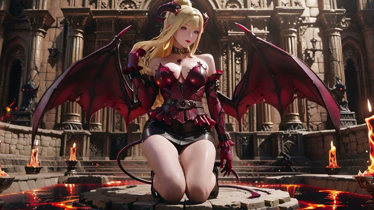 Lava Throne! Blonde Demon Queen Kneels & Spreads Her Wings, Lazy Tease with a Glass.