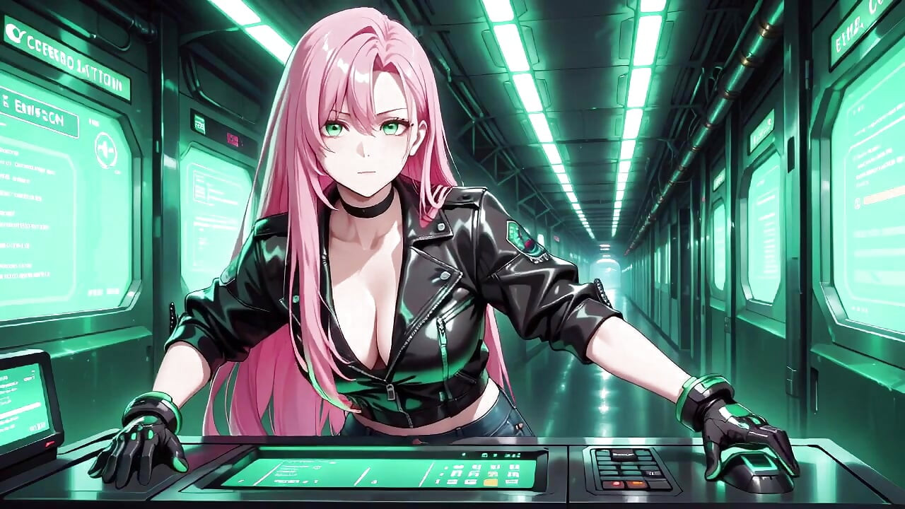 Pink-Haired Leather Tech! Private vibes in a neon-lit cyber corridor.