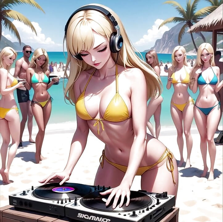 Anime sexy dj en la playa synthwave retrowave