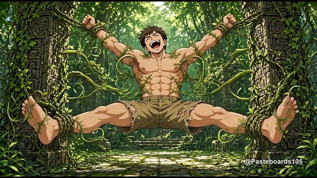 Atrapado por las enredaderas del templo de la jungla - Costillas y plantas de los pies al aire (2D Anime)