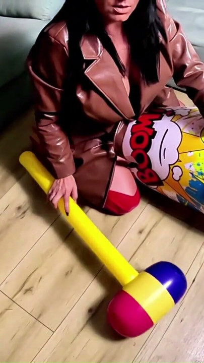Dominant Leather MILF with Giant Inflatable Hammer. Doggy, Cum Play and Popping | Clip 2