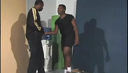 Horny stud deep throats randy black guy's tool on his knees