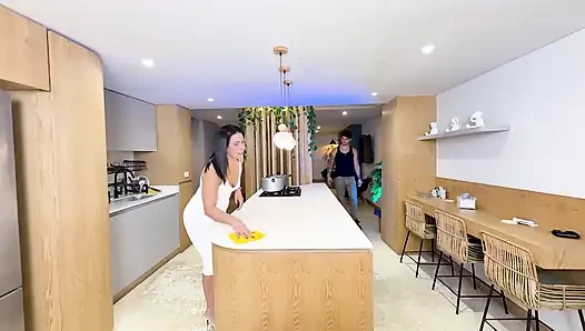 A Beautiful Latina MILF Comforts Her Stepson by Riding His Huge Cock with Her Round Ass
