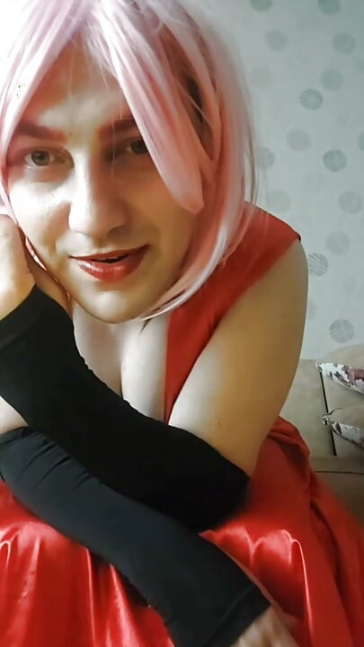 Pinky Wig, Red Dress, Black Tights and a White Femboy