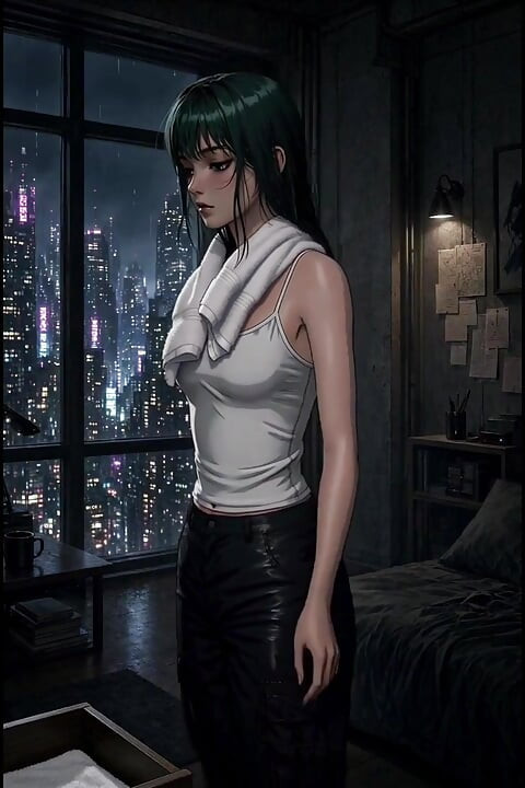 Anime tóc xanh cyberpunk đụ cửa sổ mưa