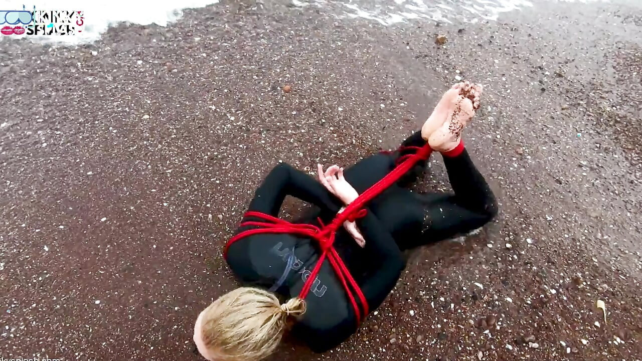 Hogtied in a Wetsuit - Rope Bondage Escape Challenge on the Beach