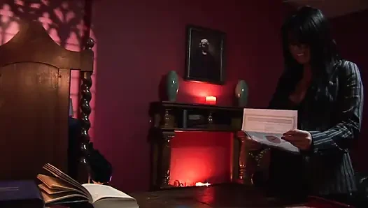 Guy with gloves pounds geeky brunette in stockings on his desk