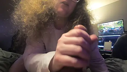 Innocent Chubby white nerd girl with glasses sucks cock and licks up the cum