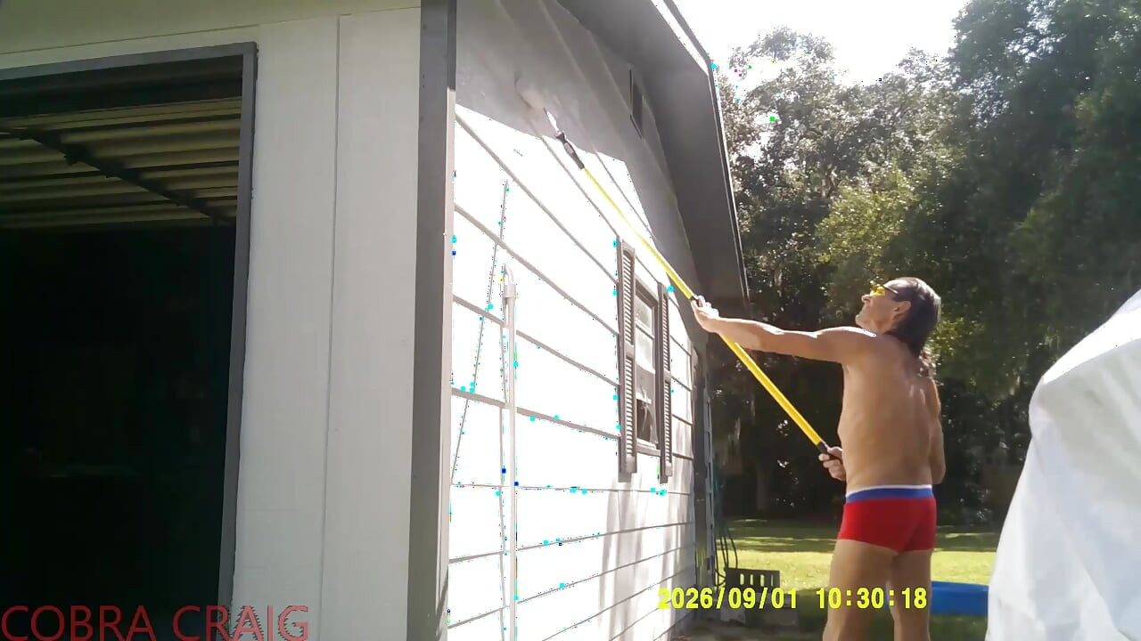 9-1-2026 COBRA CRAIG PAINTS IN HIS TINY RED SHORTS. 64YO. IN THE HEAT AND HUMIDITY.  ROCKS IT