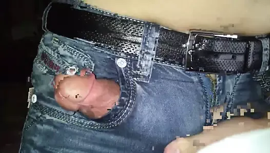 Jerking off in  jeans with a huge cum load at the end