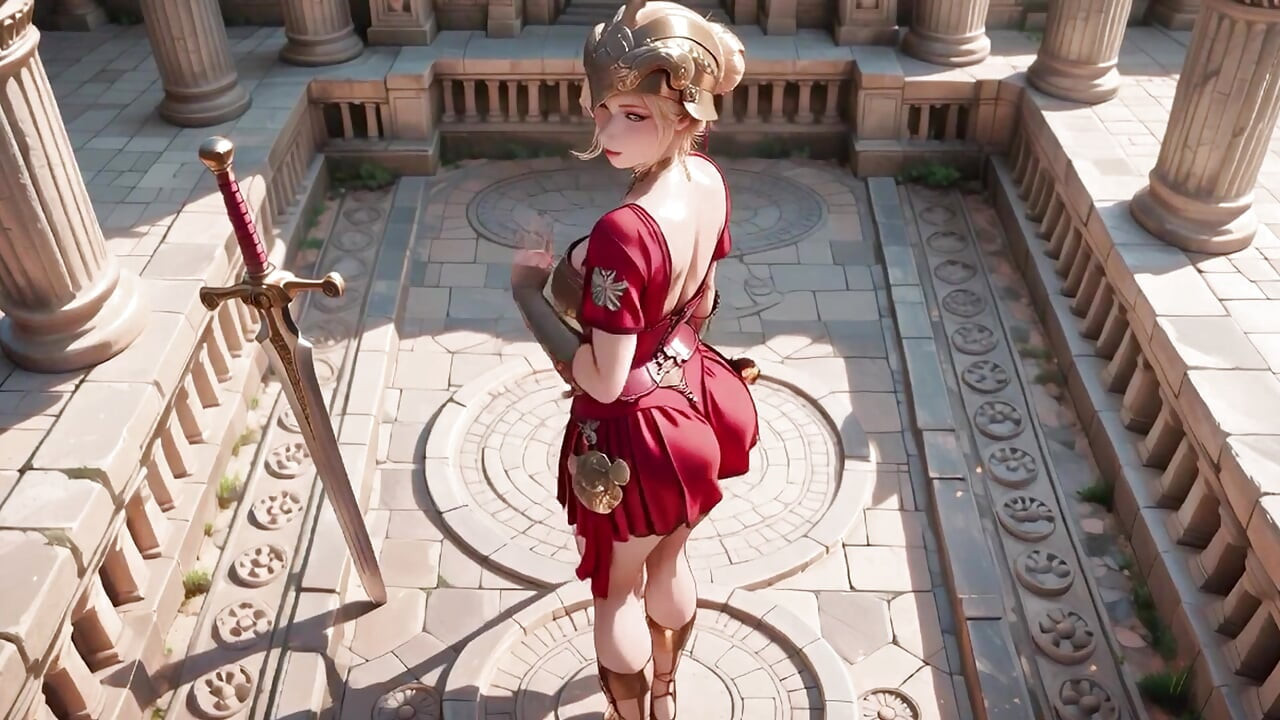 Red Armor Queen! Forbidden Gaze in the Roman Corridor, Skirt Lift Reveal, Hand on Lips Teasing You...