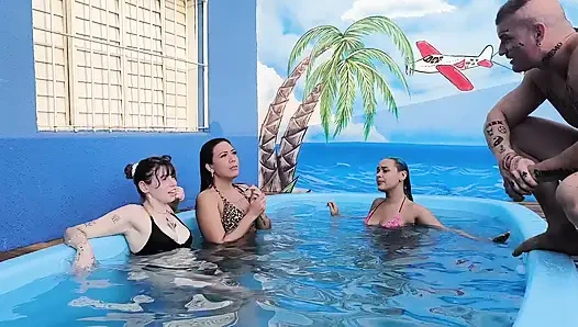 3 naughty friends paying the pool owner on the xerecard