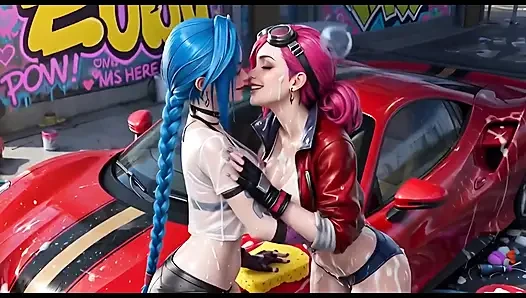 Jinx ve ben kırmızı Ferrari'yi ıslak ve köpüklü yıkanırken gördük