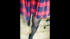 Julia Cool Pantyhose Walking on High Heels and tartan Skirt