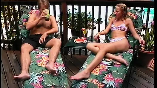 Young girl with hairy pussy fucked doggystyle in a garden