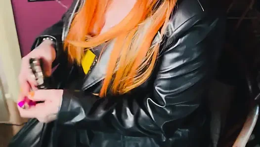 The Gothic Cutie Tina Snua Dressed In a Leather Coat & Smoking A Cork 100 Cigarette - Ginger Miss Smokes In A Leather Outfit OME