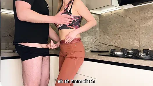 Stepdad Almost Caught Stepmom Fucking Stepson - Cum in Mouth - Amateur with Talk and English Subtitles