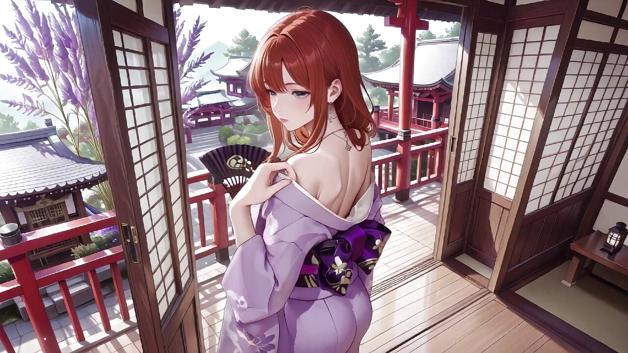 Red-haired Kimono Goddess! Kneeling Under the Sacred Torii Gate, She Adjusts Her Soaked Backless Outfit with a Shy Gaze.