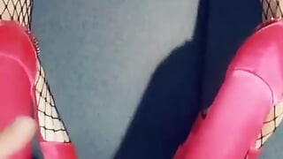 Red Shoejob High Heels Cum on Shoes and Handjob with Feet