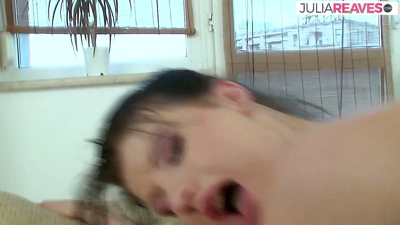 Hot whore rubs clit as a huge cock thrusts her shaved pussy hard