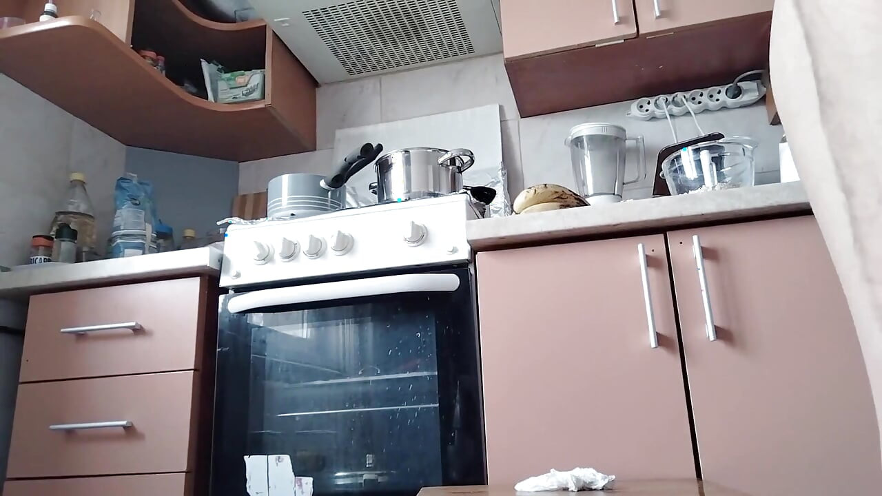 Hot Wife Prepares Naked Food in the Kitchen. Amateur Wife with Hairy Pussy, Big Tits, Big Ass.