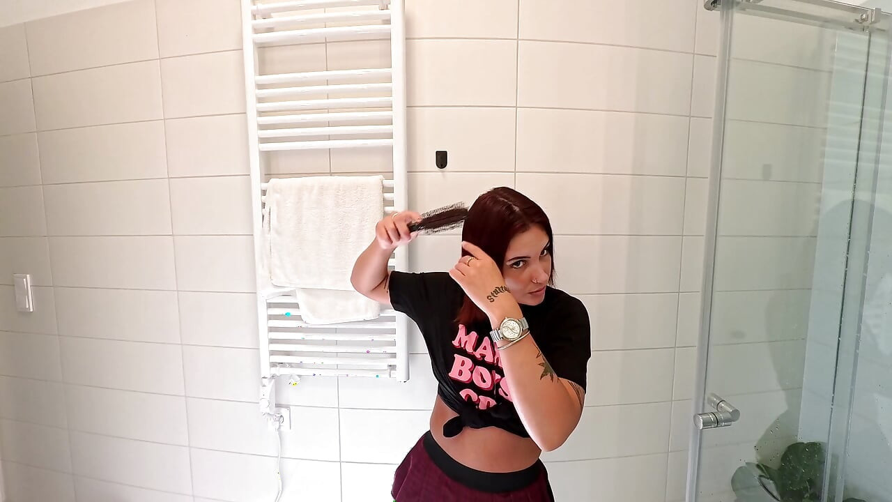 Hottest redhead ever in the bathroom touches herself in a super short college mini skirt