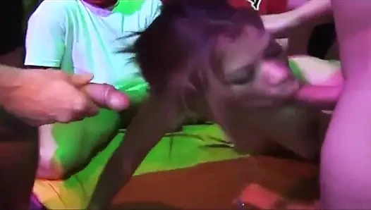 Mature Brunette Slut Deepthroats Throbbing Cock in Wild Party