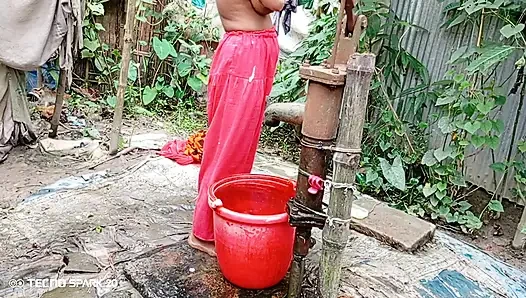 Refreshing Outdoor Bath in an Open Field