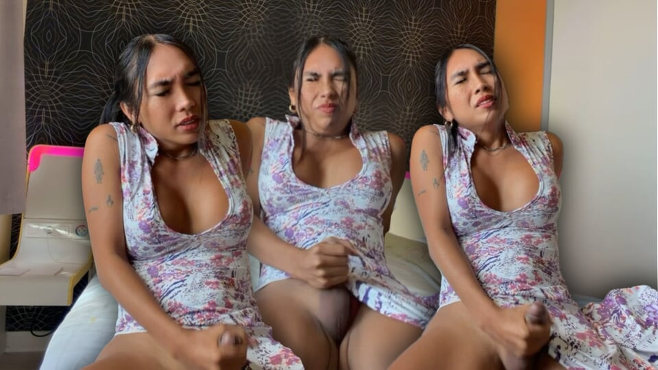 Floral Dress Ladyboy Squeezes Her Tits & Cums on Her Fingers