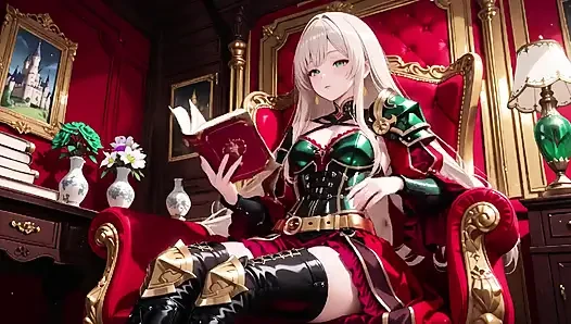 Verbotene fantasie in roter und grüner Rüstung! Blonde knight lounget verführerisch, während ihr silberhaariger partner kniet, um zu dienen
