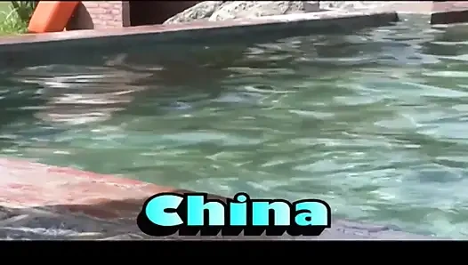 China enjoys to fuck her muscled hunk outdoor - swimming pool sex