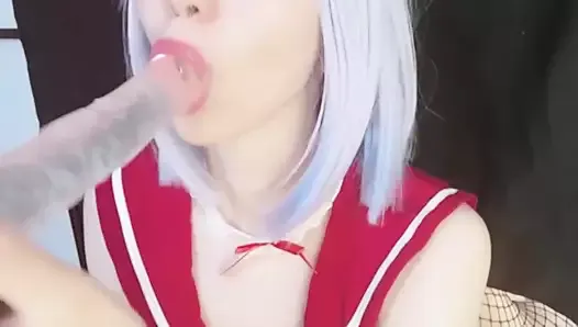 sucking with a drooling dildo cute anime girl