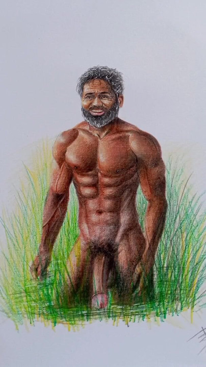 Emotional moment from "Erotic Art Or Drawing of A Muscular Indian Desi Man exhibition his Big Black Cock outdoors among the"