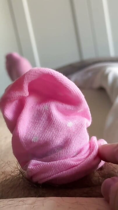 Showing off and Jerking Off into my new pink polka dot socks