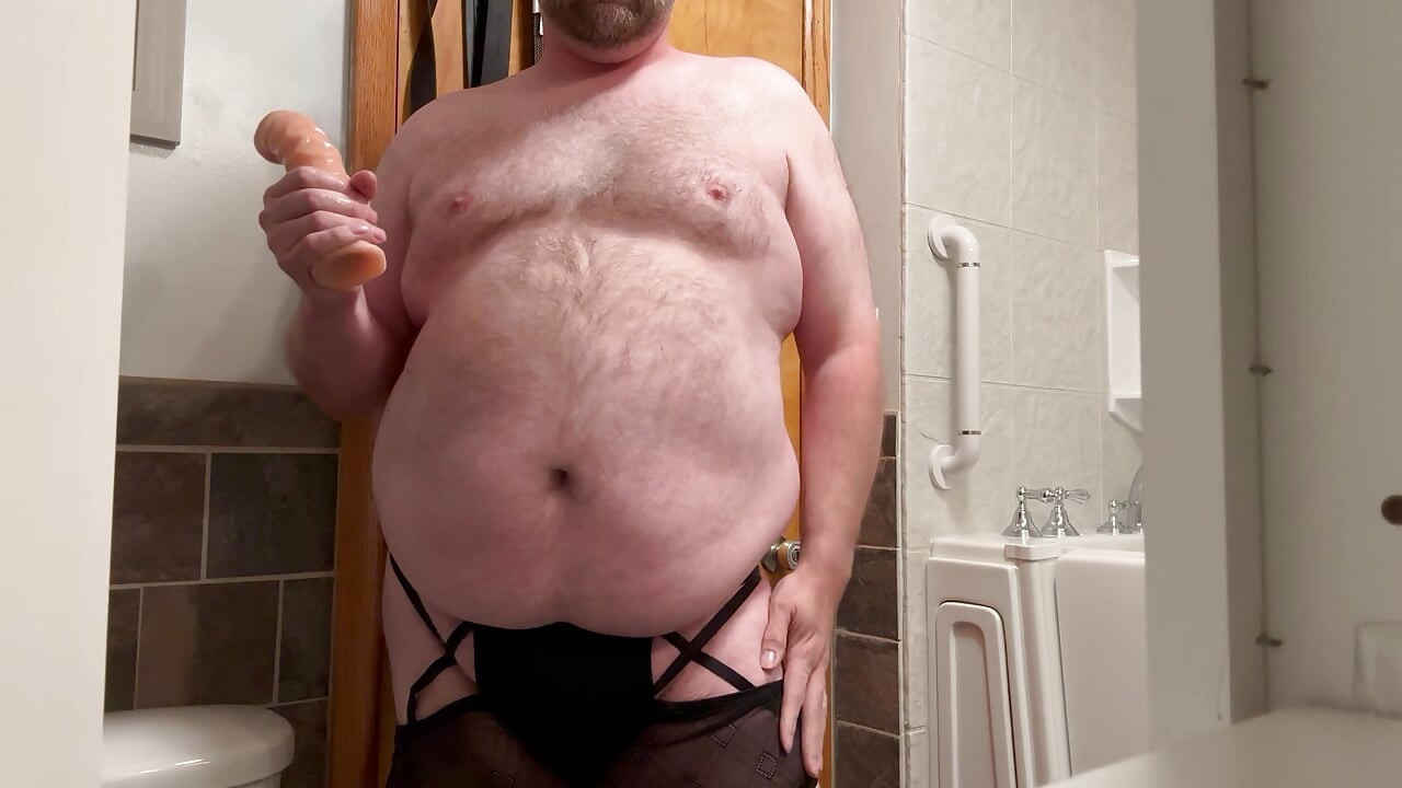 Fat and Hairy Chub takes 10 inch Dildo wearing Sexy Underwear