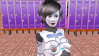 Een geanimeerde 3D-tekenfilm pornovideo - een sexbot-robotmeisje dat sexy poses geeft en vervolgens een lul van een man berijdt in omgekeerde cowgirl-positie.
