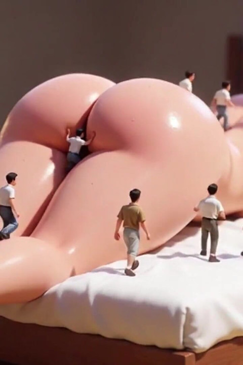 Le corps de géant se fait explorer par des hommes minuscules - chatte mouillée excitée