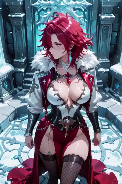 Ice Queen! Red-haired Sorceress Makes a Stunning Entrance in the Crystal Hall, Robe Slightly Open and Staff Tapping Seductively