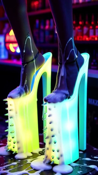 Hot high heels on a counter in a nightclub with messy cumshots on legs, feet and heels. AI-generated | Clip 1