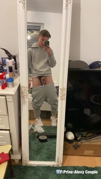 Teen boy play with his soft big dick and hanging eggs