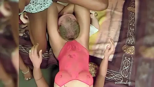 Two Ebony Amateurs Facesit a White Guy with Legs and Pantied Pussies